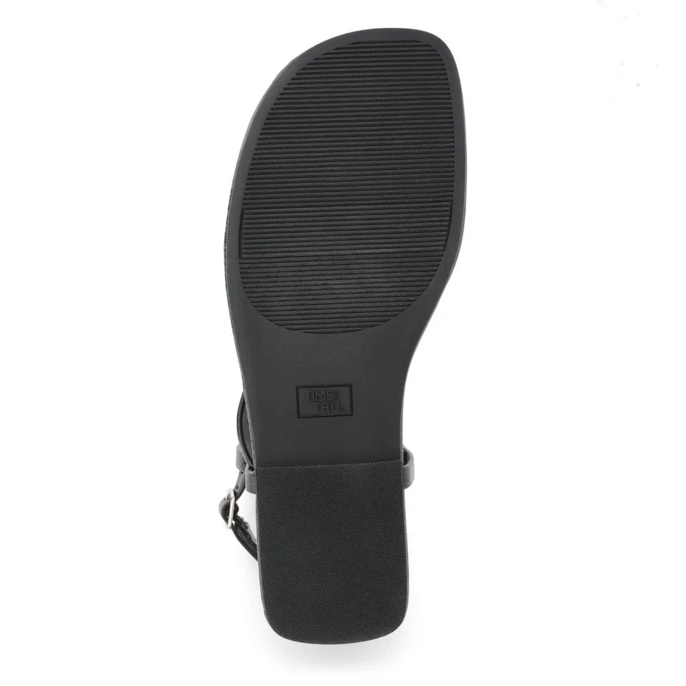 Time and Tru Womens Black T-Strap Thong Sandals Gold Metal Bar Flat Size 8 NEW